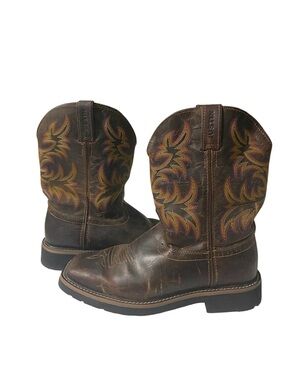 Justin Boots Brown Leather Western Work Boots with Multicolor Stitching